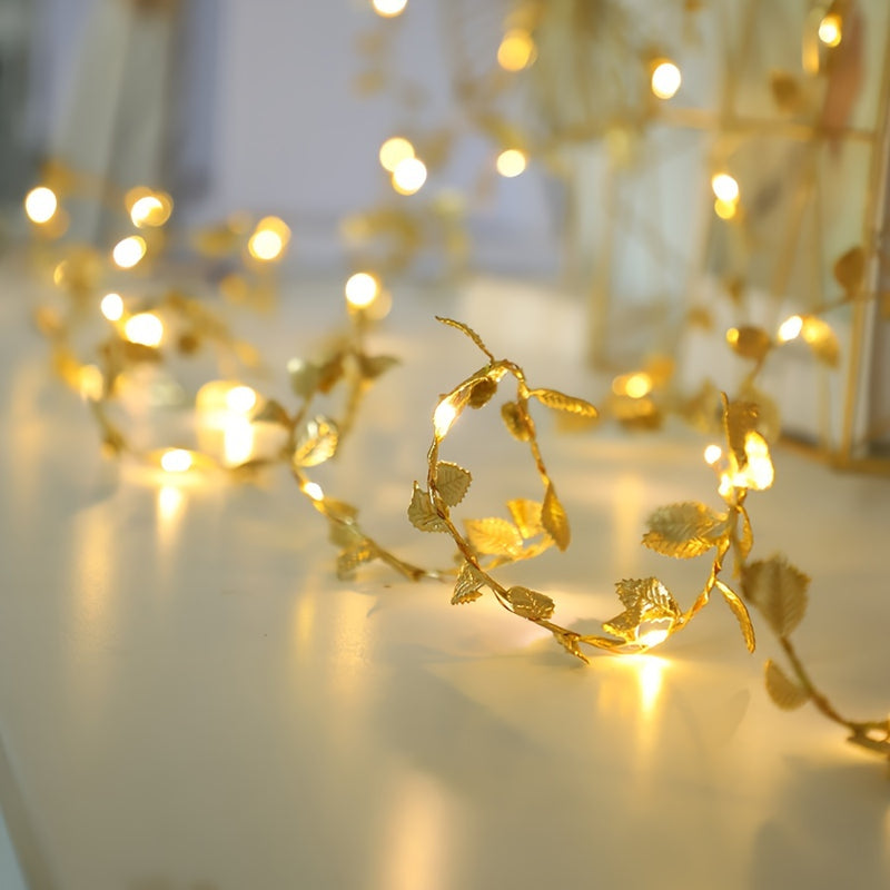 Elegant Golden Leaf LED String Lights for Home Decoration - Battery Powered
