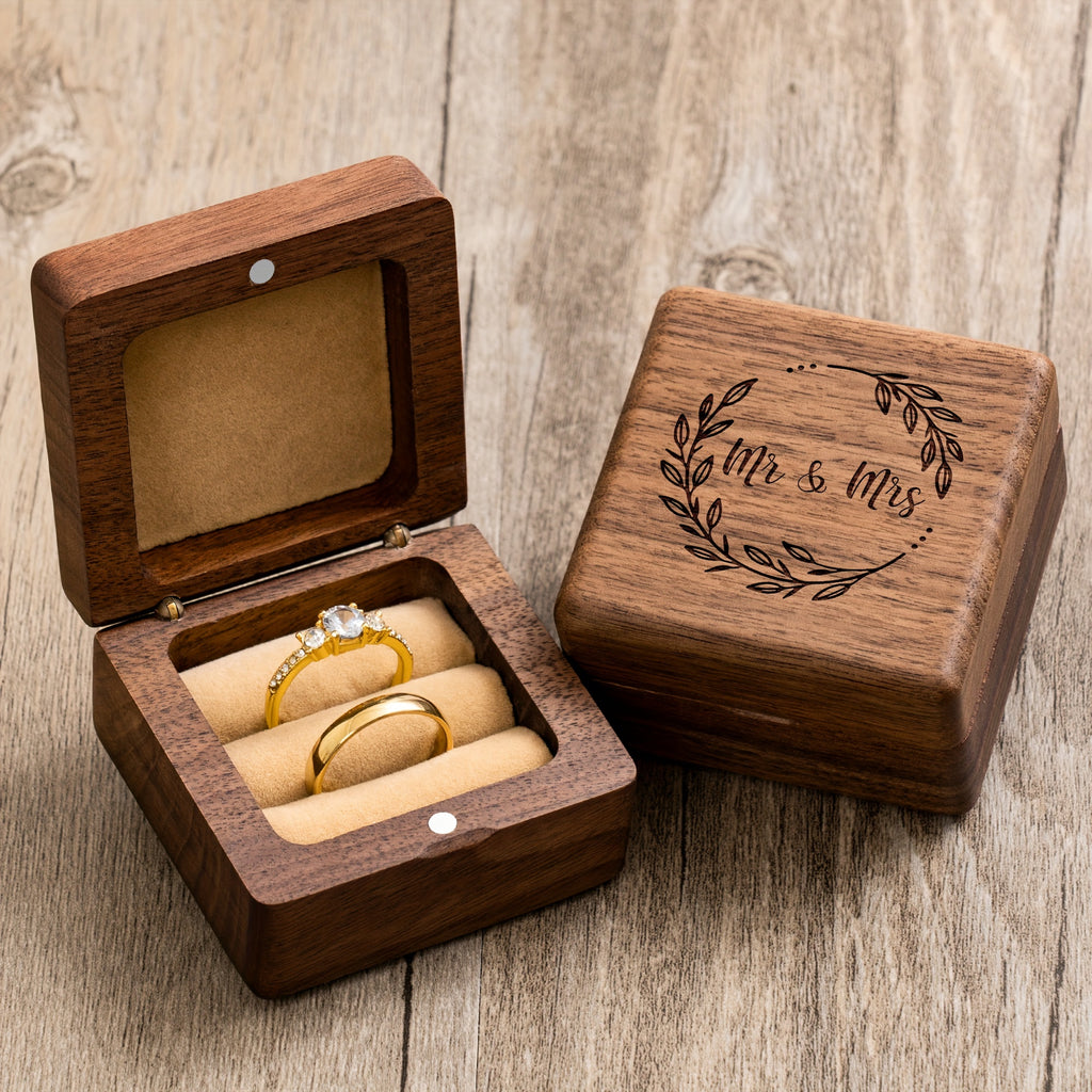 Personalized Walnut Wood Ring Box for Engagements and Weddings - Engraved with 'Mr & Mrs' - Perfect Gift for Couples