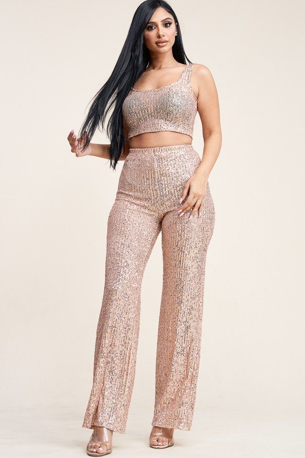 Rose Gold Sequence Tank Top And High Rise Wide Lag Pants Two Piece Set