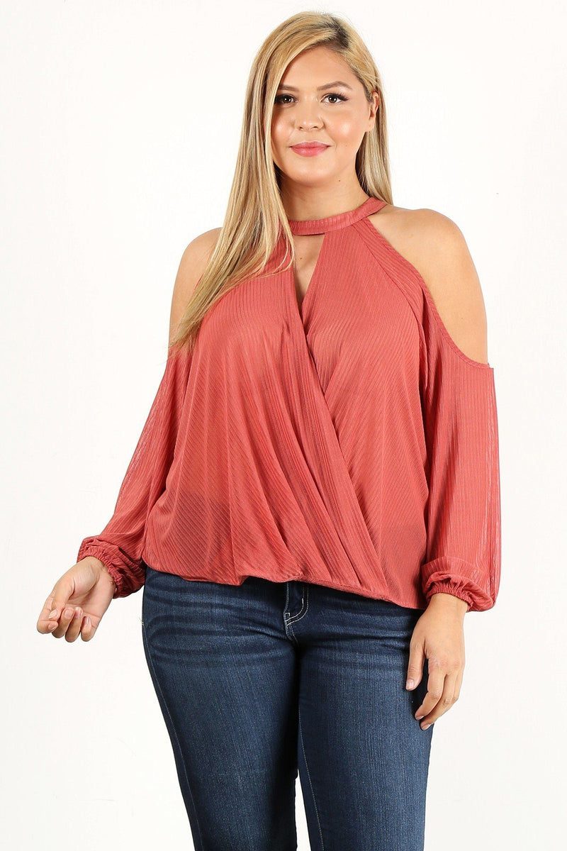 Mauve Plus Size Solid Wrap Top With A Mock Neckline, Cutouts, And Puff Sleeves